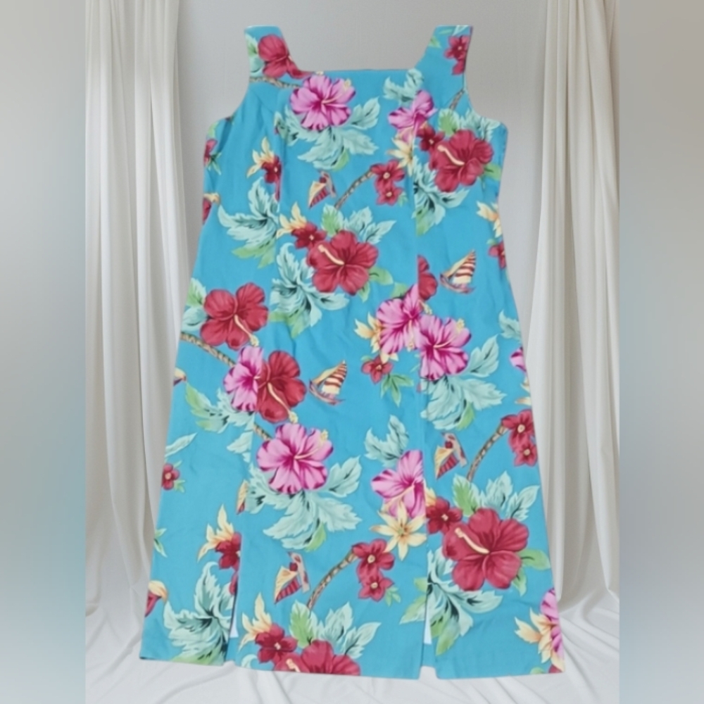 Carribean Joe Shift Dress Hawaiian Hibiscus floral Blue Sleeveless Size L